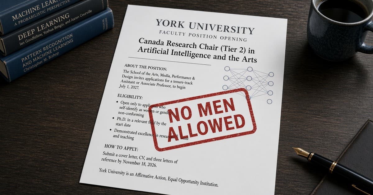 Simulación de un anuncio de empleo docente de York University para una Canada Research Chair en Inteligencia Artificial, con el sello NO MEN ALLOWED en rojo