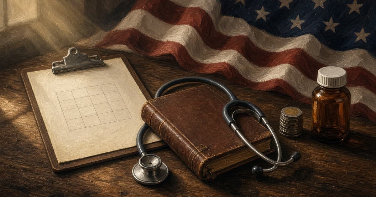 Naturaleza muerta pintada de una tabla médica, un libro de cuentas, un estetoscopio, monedas y un frasco de pastillas frente a una bandera de Estados Unidos