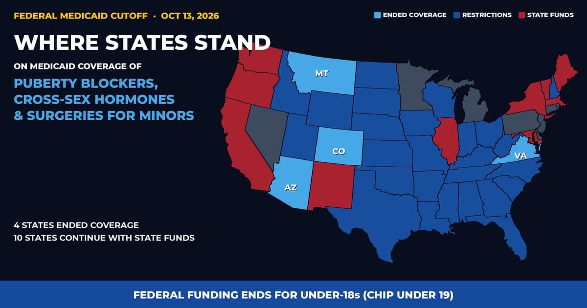 U.S. map showing states that stopped coverage in bright green, states with restrictions in dark green, and states continuing coverage in red