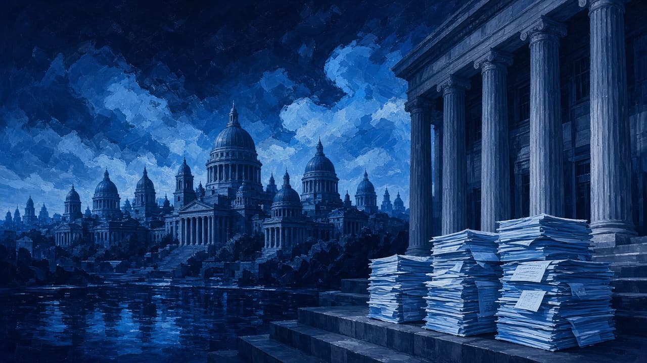 Editorial illustration of multiple capitol domes and a federal courthouse