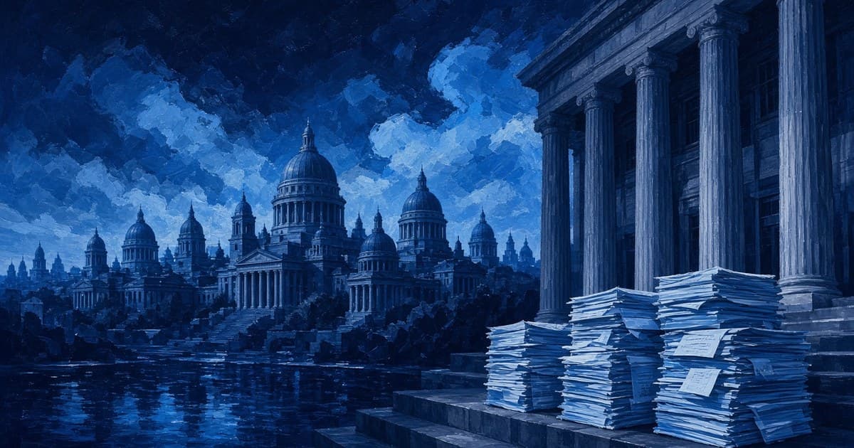 Ilustración editorial de varias cúpulas de capitolios y un tribunal federal