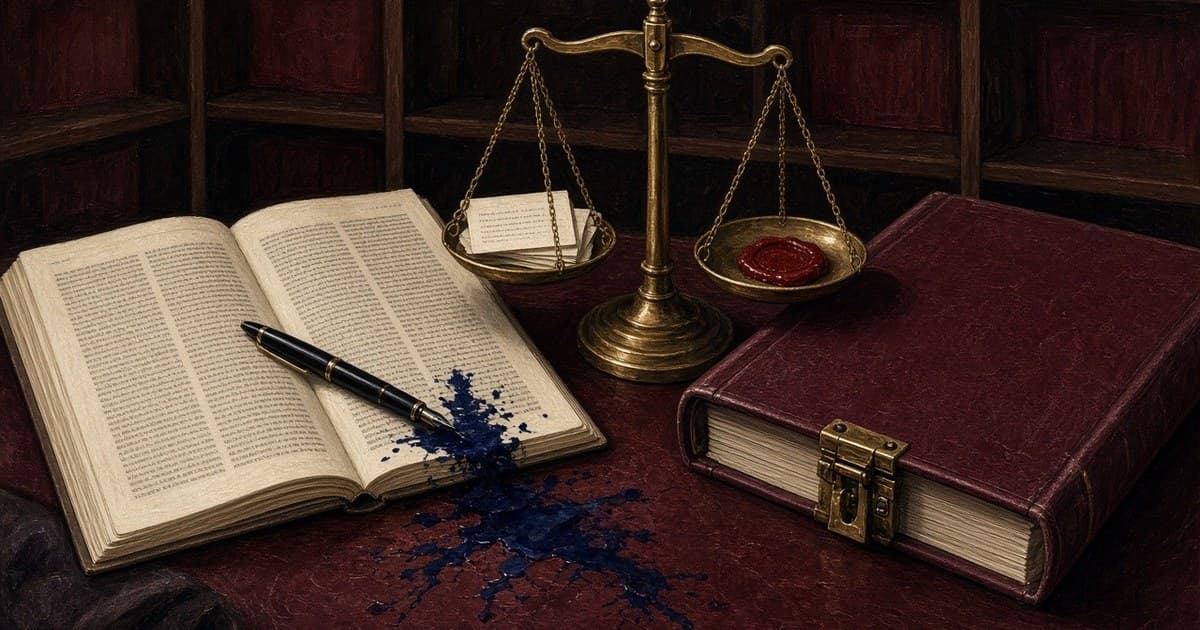 Naturaleza muerta editorial de una revista médica abierta, tinta derramada, una balanza de latón y un archivador de guías color burdeos, sellado