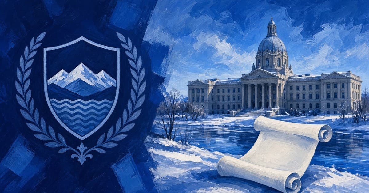 Ilustración editorial de la Legislatura de Alberta y un pergamino de sanción real