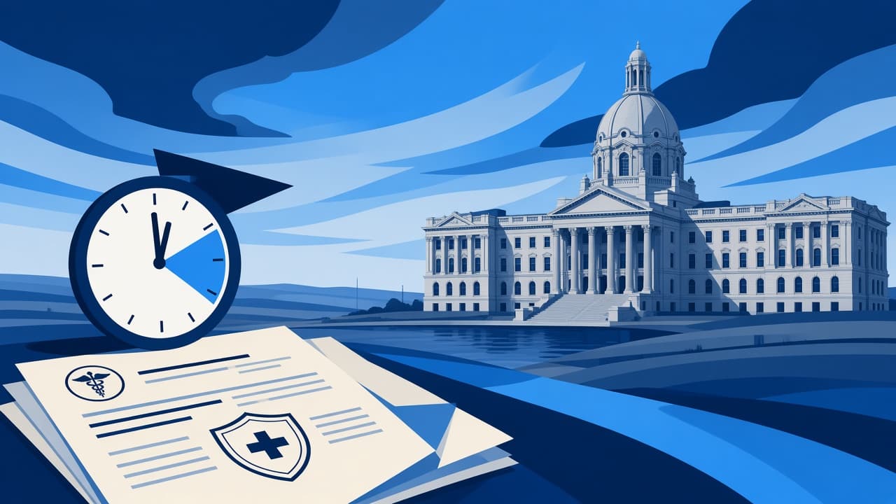 Editorial illustration of the Alberta Legislature Building and a clock