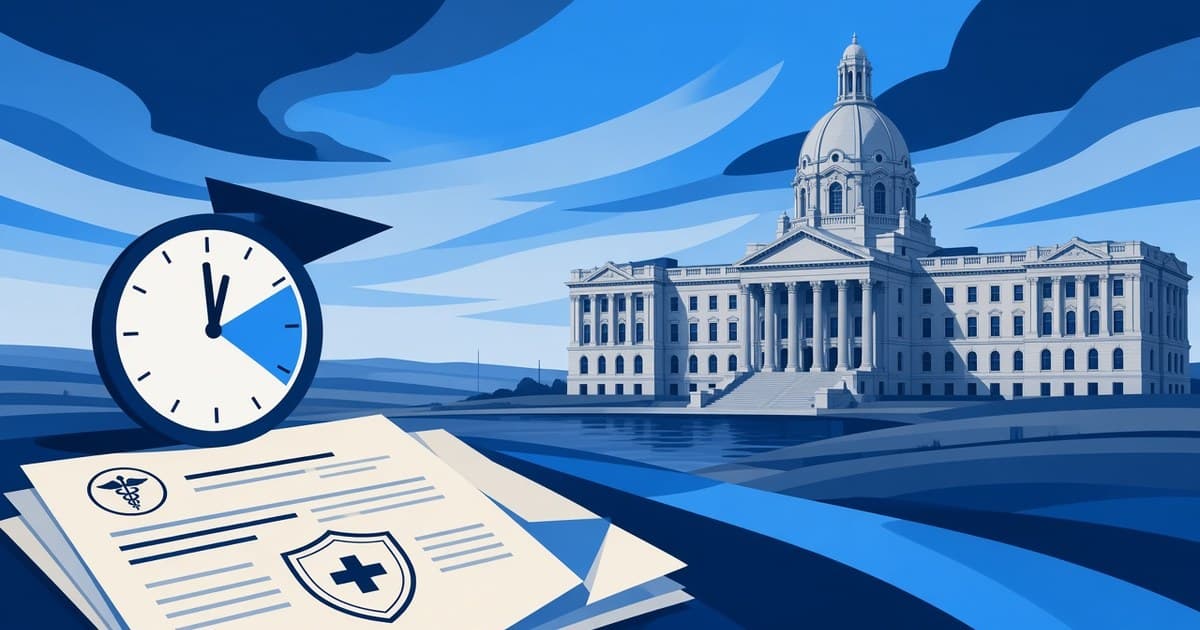 Ilustración editorial del edificio de la Legislatura de Alberta y un reloj