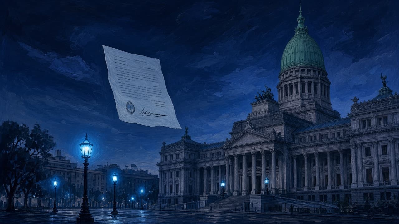 Editorial illustration of Argentina’s Congreso with a suspended legal document