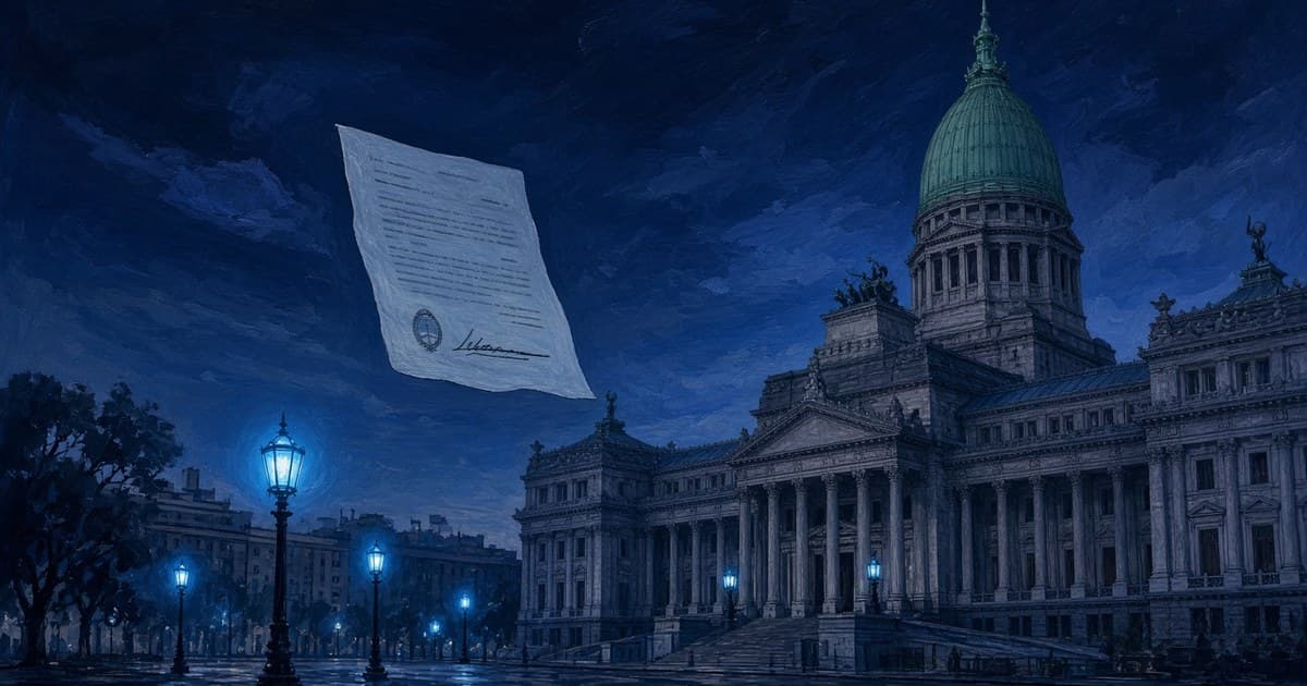 Ilustración editorial del Congreso de Argentina con un documento legal suspendido