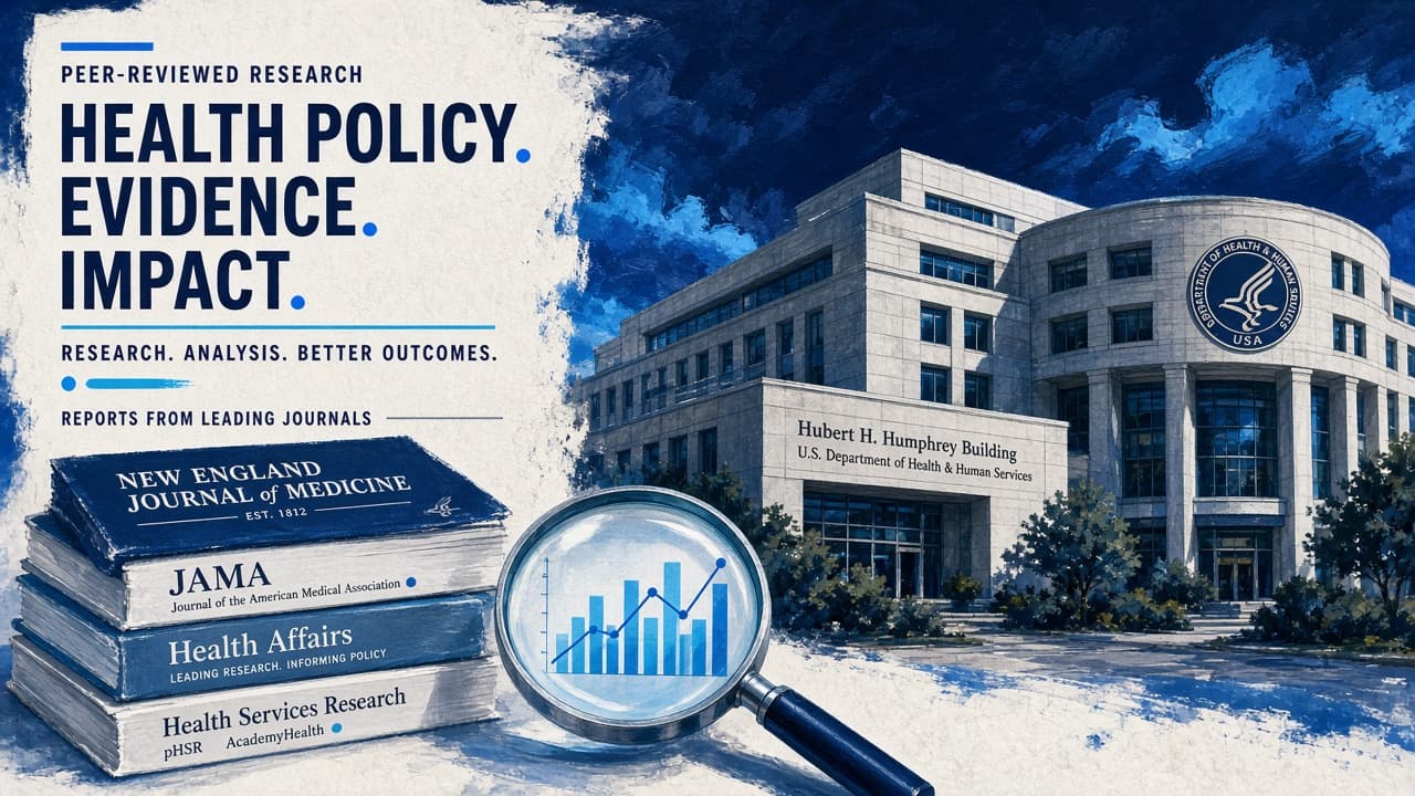 Editorial illustration of stacked medical journals and a policy binder
