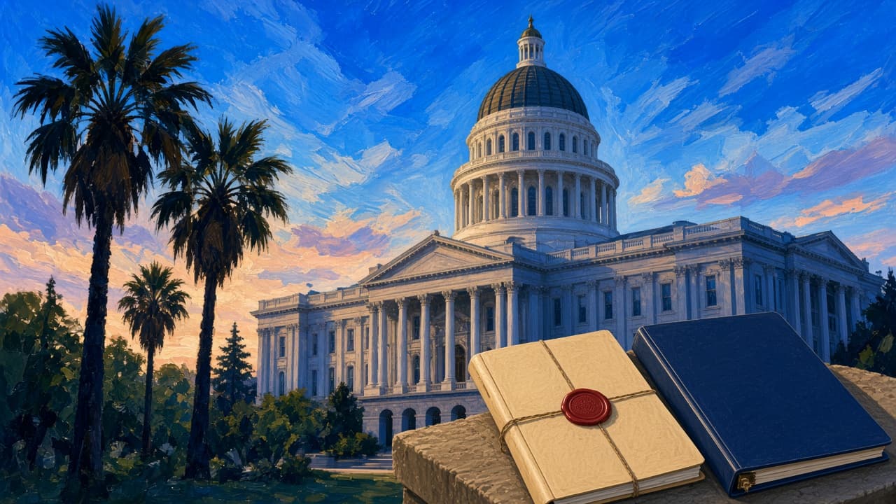 Editorial illustration of the California State Capitol, a sealed budget folio, and an appropriation binder