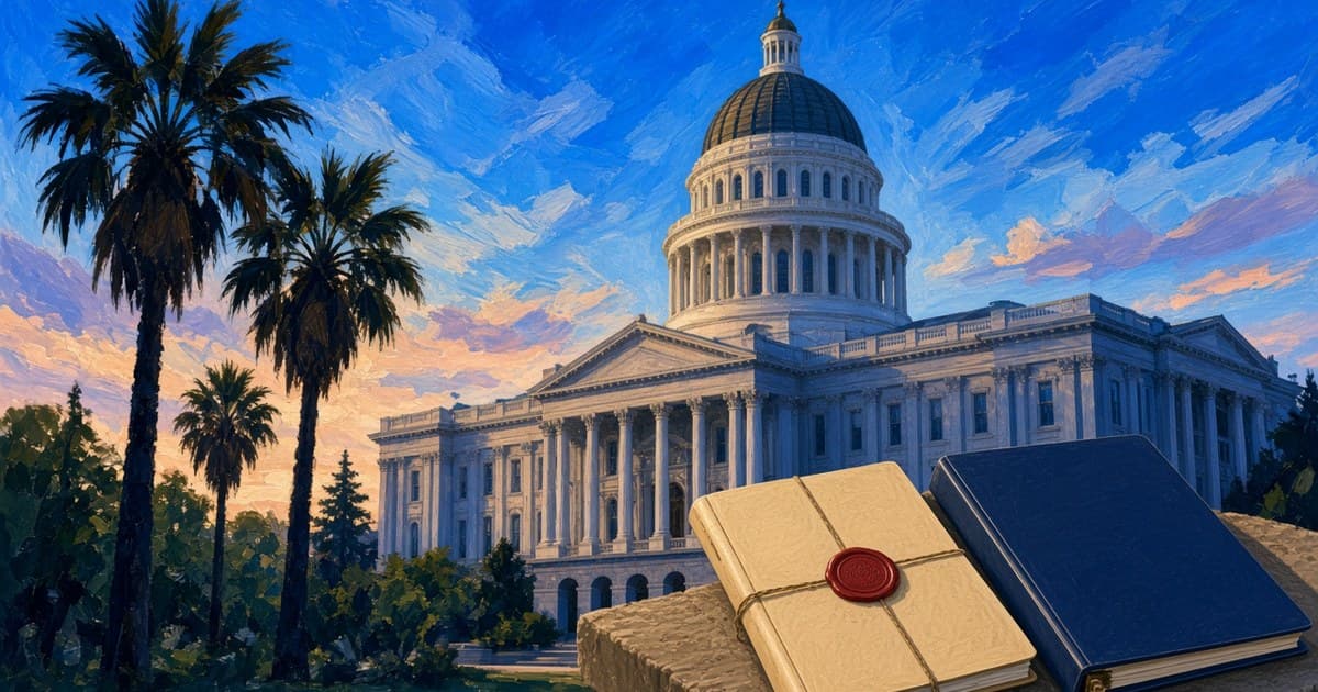 Ilustración editorial del Capitolio del Estado de California, un expediente presupuestario sellado y una carpeta de asignación