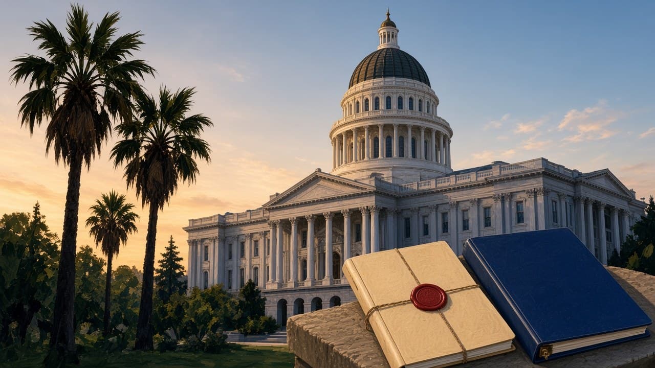Editorial illustration of the California State Capitol, a sealed clinic-administration dossier, and a budget folio