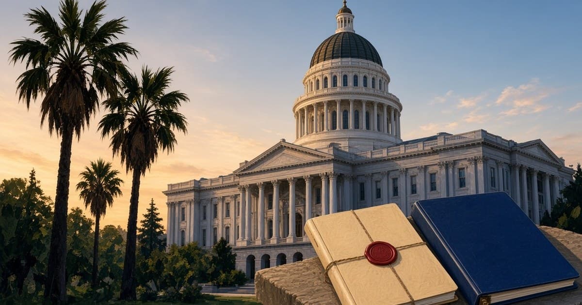 Ilustración editorial del Capitolio del Estado de California, un expediente sellado de administración de clínicas y un legajo presupuestario