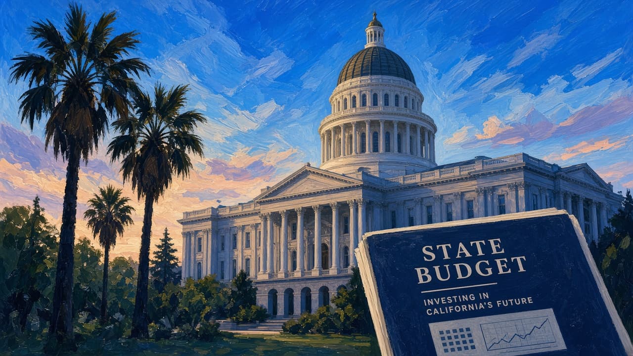 Editorial illustration of the California State Capitol and a budget folio