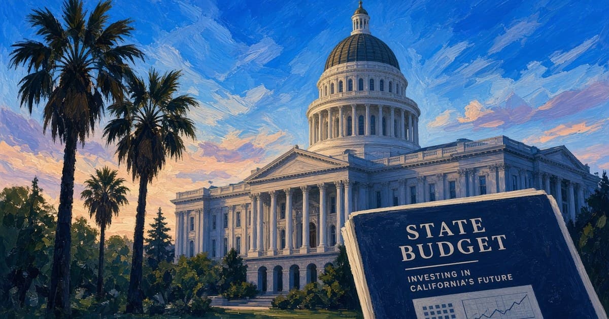 Ilustración editorial del Capitolio del Estado de California y un legajo presupuestario