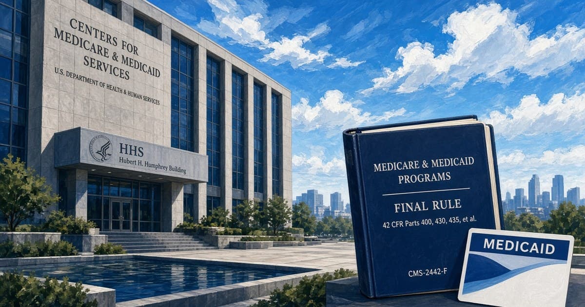 Ilustración editorial de un campus del HHS y una carpeta de la regla final