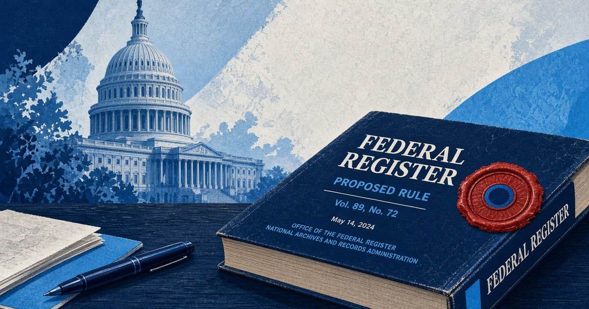 Ilustración editorial del Capitolio de EE. UU. y un volumen del Federal Register