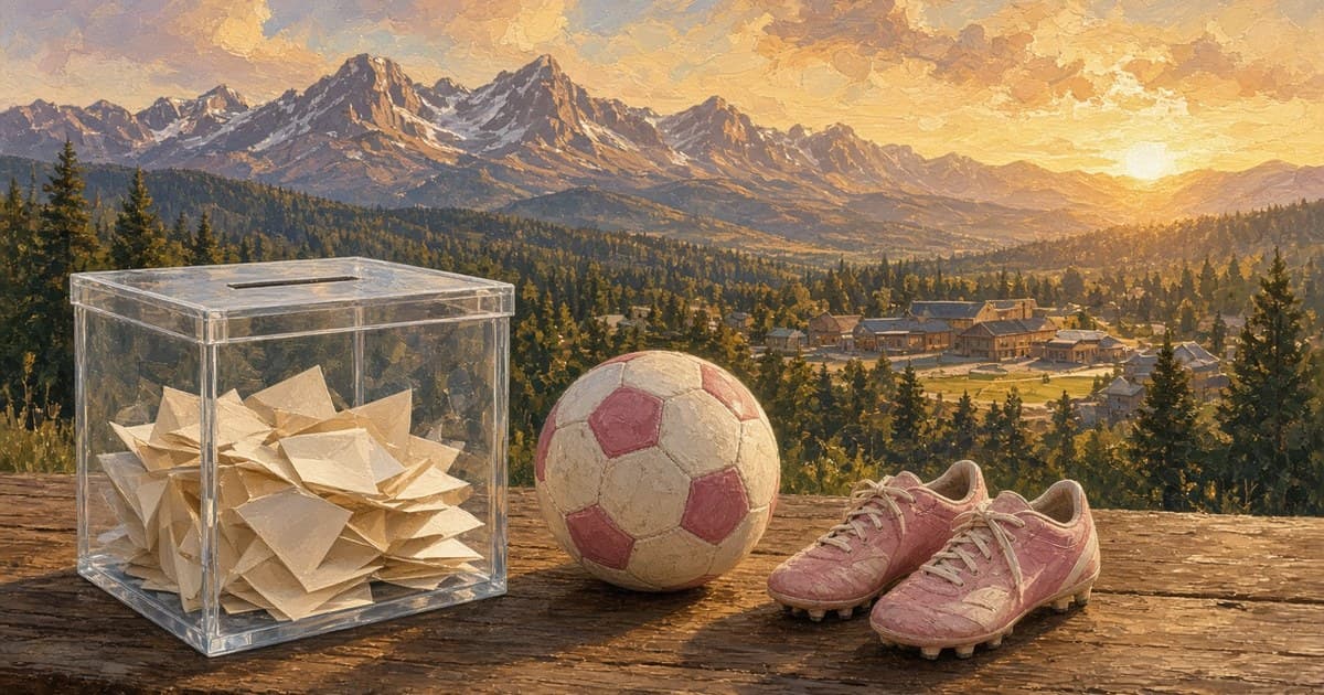 Ilustración de una urna transparente llena de boletas, un balón de fútbol rosa y blanco, y botines rosados de niñas sobre una mesa de madera, con un pueblo de montaña y las Montañas Rocosas al amanecer detrás