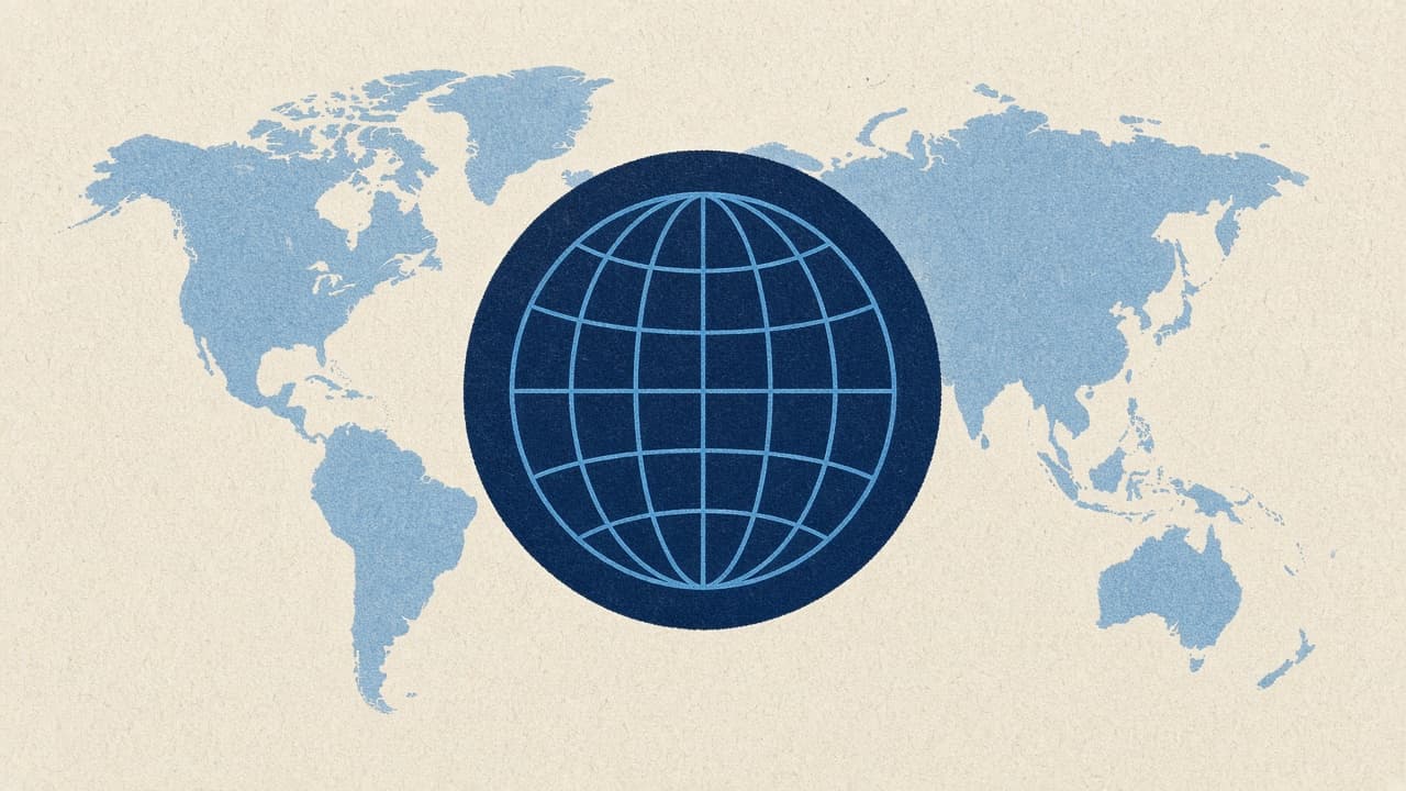 Editorial illustration of continents and a navy circular emblem
