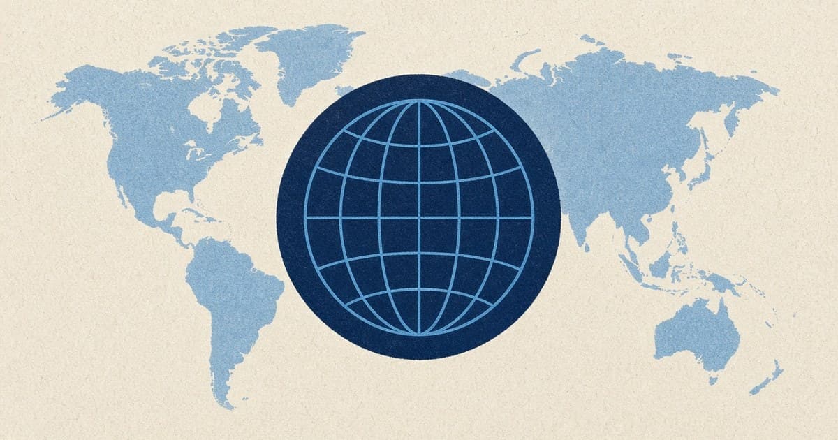 Ilustración editorial de continentes y un emblema circular azul marino