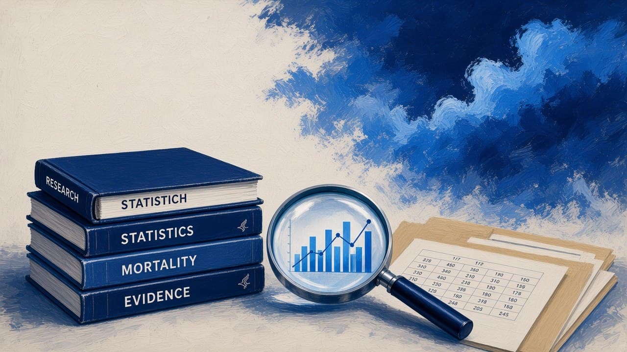 Editorial illustration of stacked research journals, a magnifying glass over a chart, and mortality-report folders