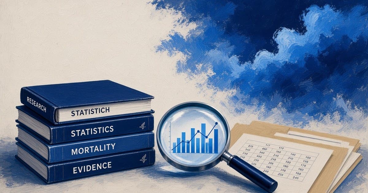 Ilustración editorial de revistas de investigación apiladas, una lupa sobre un gráfico y carpetas de informes de mortalidad