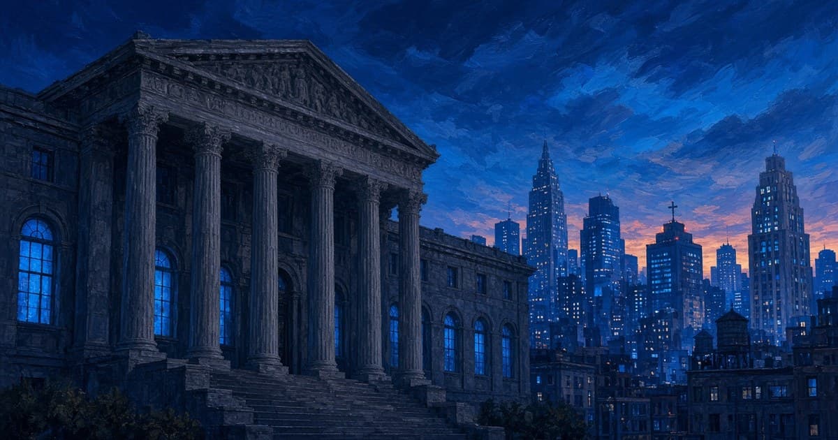 Ilustración editorial de un tribunal federal de Nueva York al anochecer