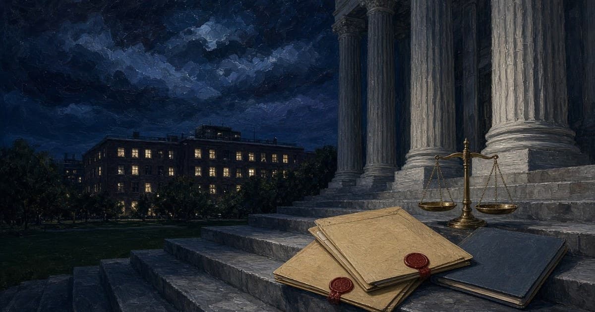 Ilustración editorial de carpetas de acuerdo selladas, una historia clínica y una balanza de la justicia en las escalinatas de un tribunal, junto a un ala hospitalaria