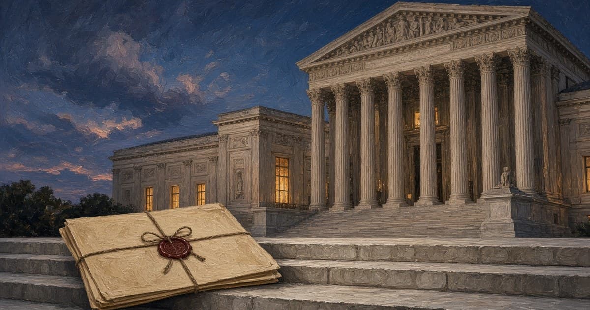 Ilustración editorial de la Corte Suprema de Estados Unidos al anochecer y una carpeta de escrito jurídico sellada