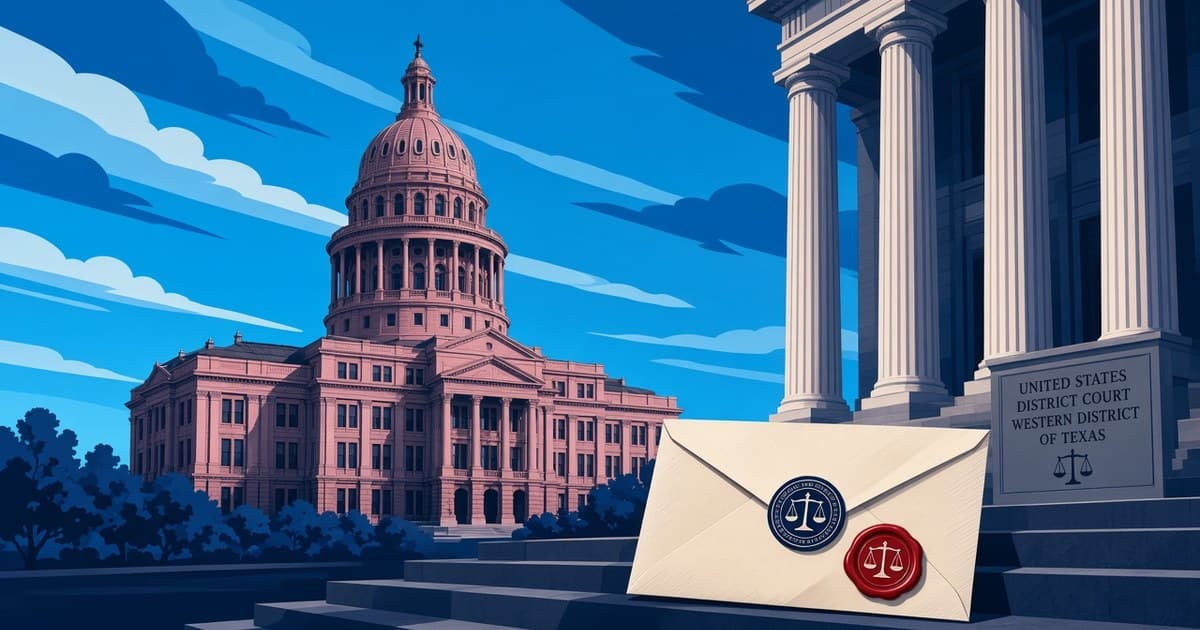 Ilustración editorial del Capitolio del estado de Texas y un sobre jurídico sellado