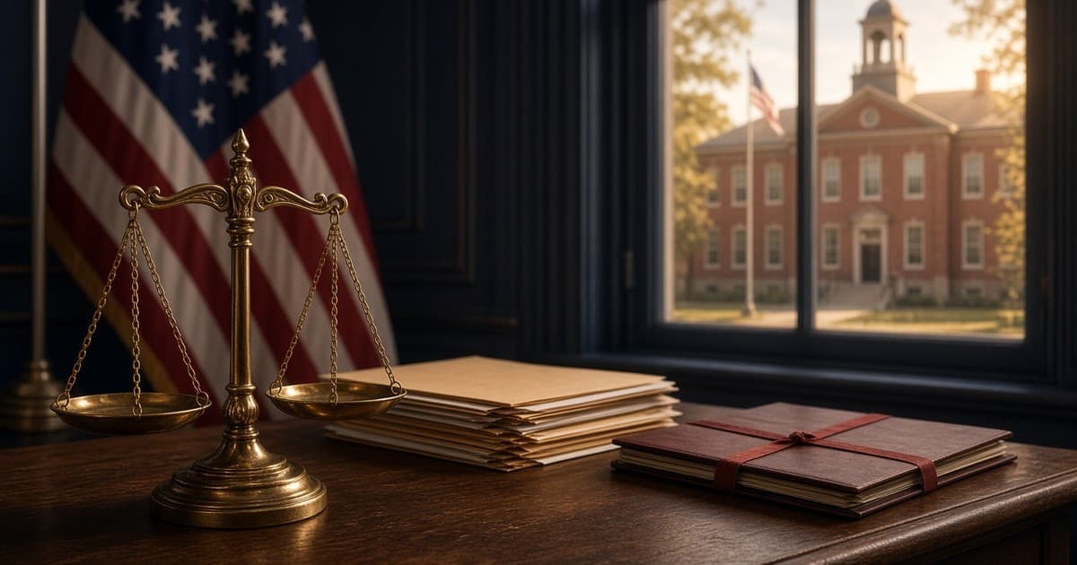 Scales of justice on a desk beside an American flag, with a brick schoolhouse visible through the window