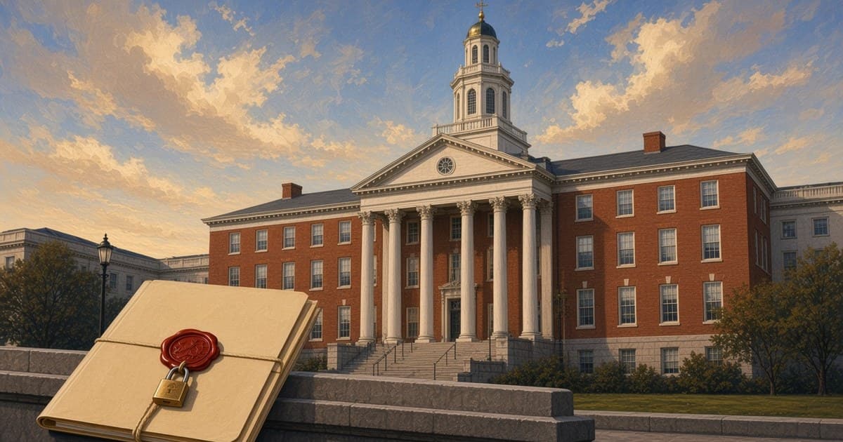 Ilustración editorial de un edificio escolar de ladrillo rojo y una carpeta de privacidad estudiantil con candado