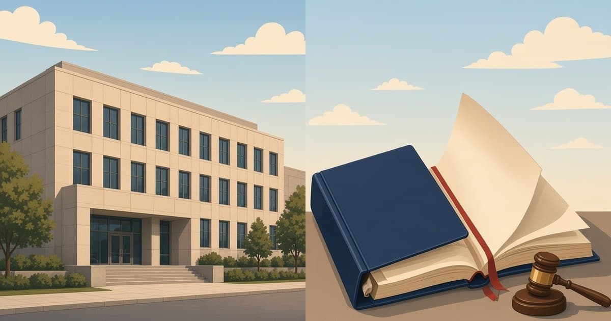 Editorial illustration of the Department of Education building beside an open Federal Register volume labeled Title IX