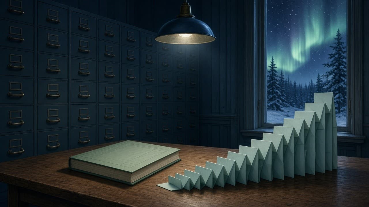 Editorial still life of a Finnish records hall: ledger, rising paper graph, filing cabinets, and a winter pine window