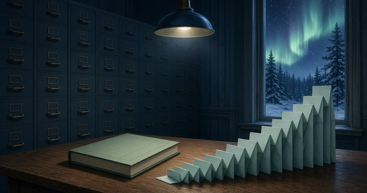 Naturaleza muerta editorial de una sala de registros finlandesa: libro mayor, gráfico de papel en ascenso, archivadores y una ventana con un pino de invierno
