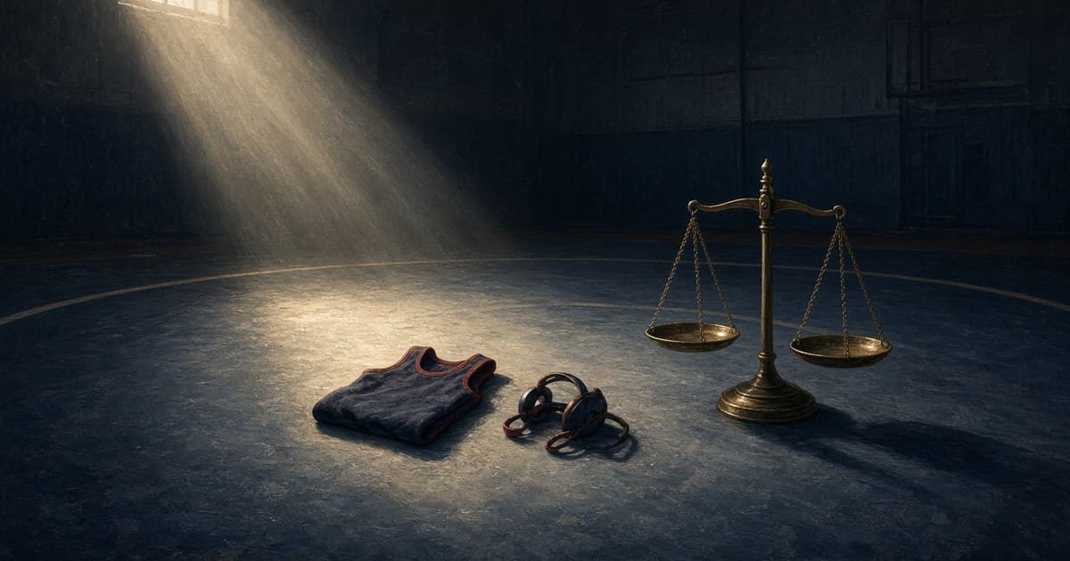 Ilustración pictórica de un tapiz de lucha vacío en un gimnasio en penumbra, con un singlet de niñas doblado, protección para la cabeza y una balanza de bronce de la justicia en un haz de luz