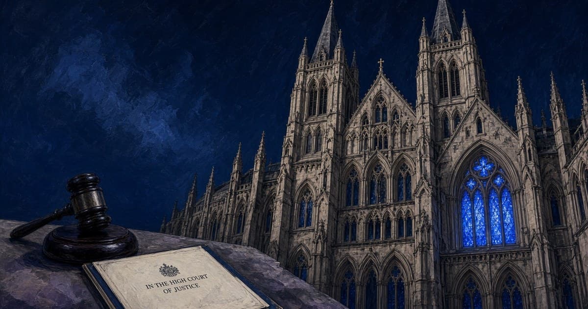 Ilustración editorial de los Royal Courts of Justice y una carpeta de políticas