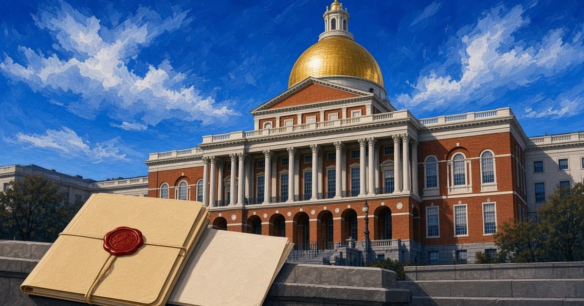 Ilustración editorial de la cúpula dorada del Massachusetts State House y una carpeta sellada de un caso judicial