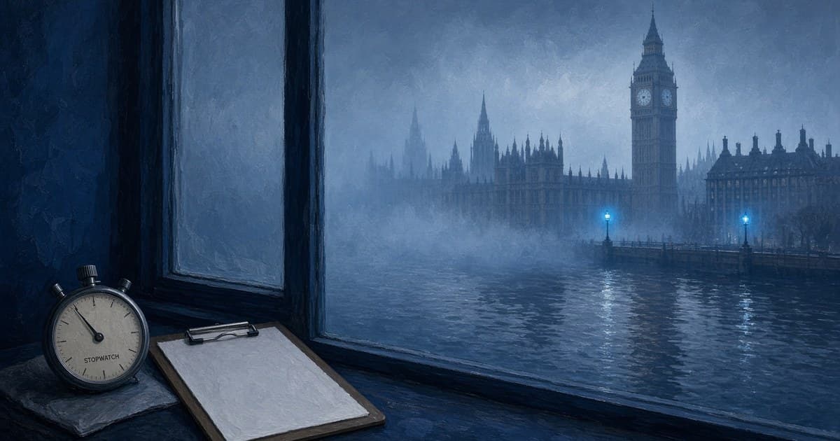 Ilustración editorial de un edificio de clínica al estilo del NHS junto al Támesis