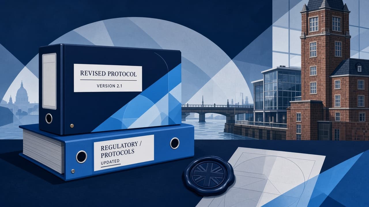 Editorial illustration of research protocol binders beside a Thames-side building
