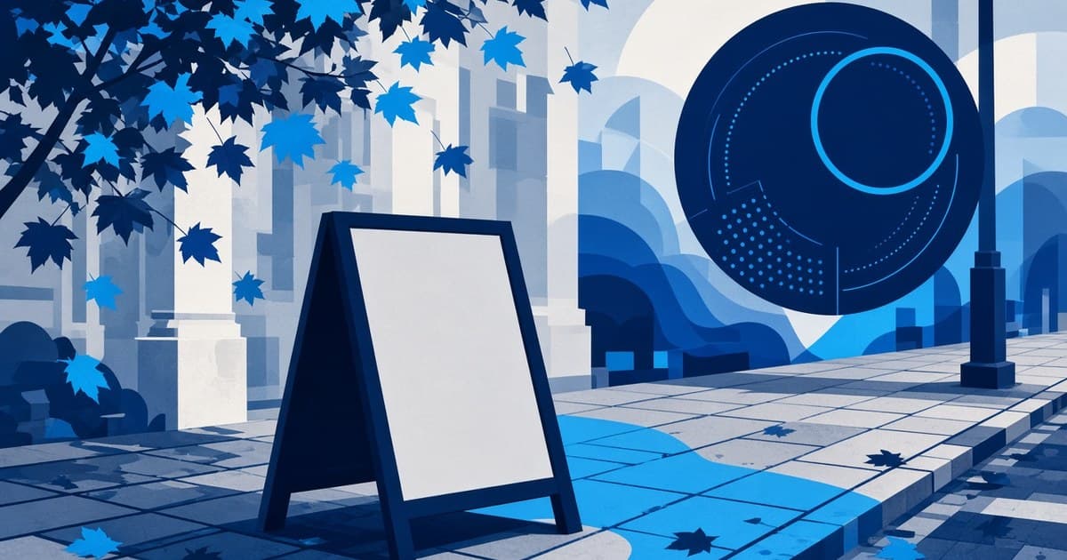Ilustración editorial de un letrero de acera en blanco y un emblema circular azul marino