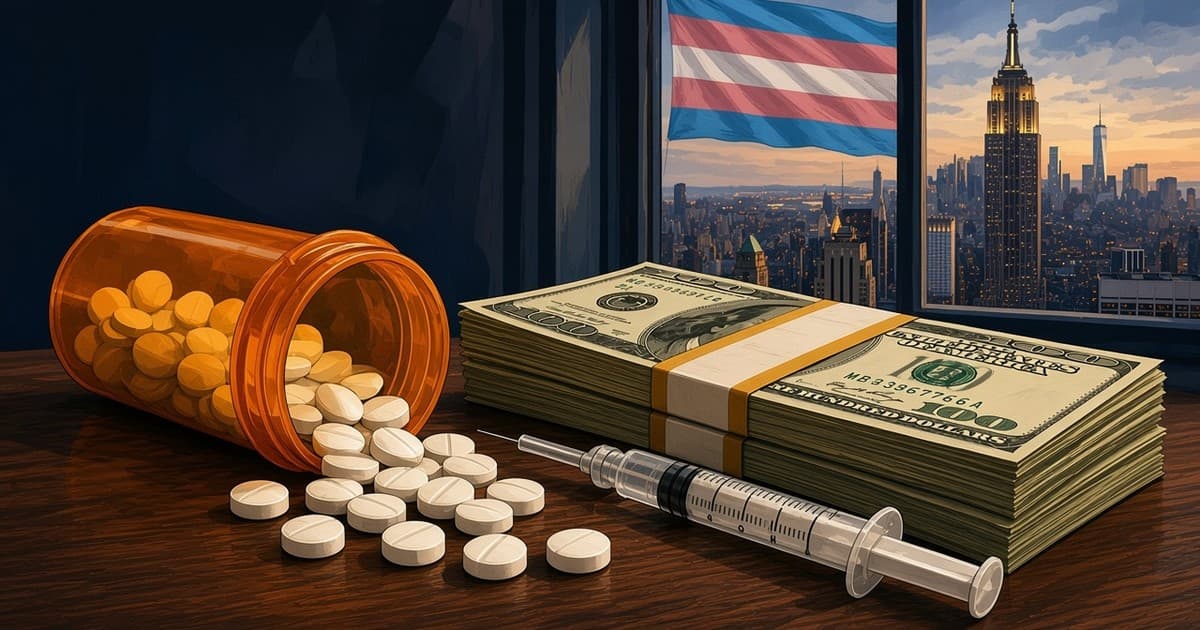 Ilustración de un frasco de pastillas, dinero en efectivo y una jeringa sobre un escritorio, con una bandera del orgullo transgénero y el perfil de la ciudad de Nueva York al otro lado de la ventana