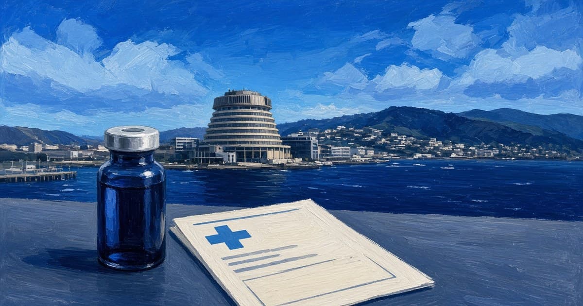 Ilustración editorial del Beehive de Wellington y un frasco de medicamento cerrado