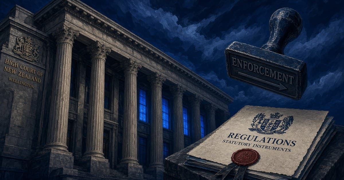 Ilustración editorial de la columnata del Tribunal Superior de Nueva Zelanda