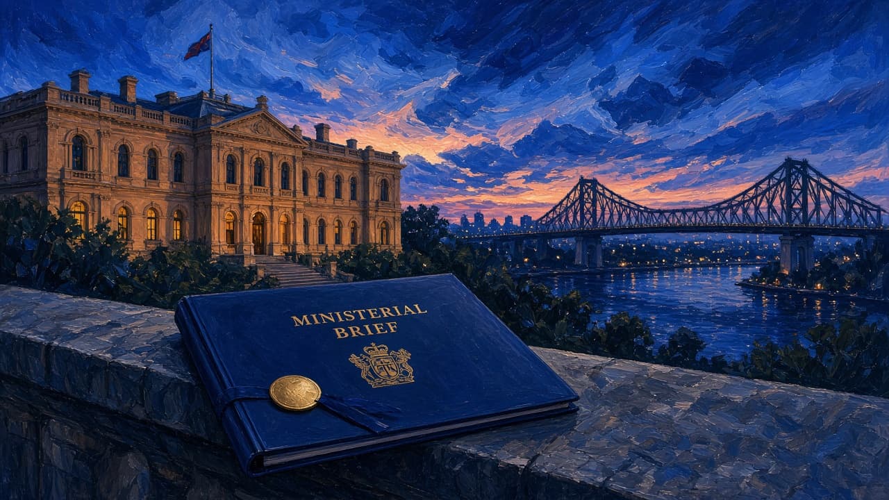 Editorial illustration of Queensland Parliament House and a sealed ministerial folder