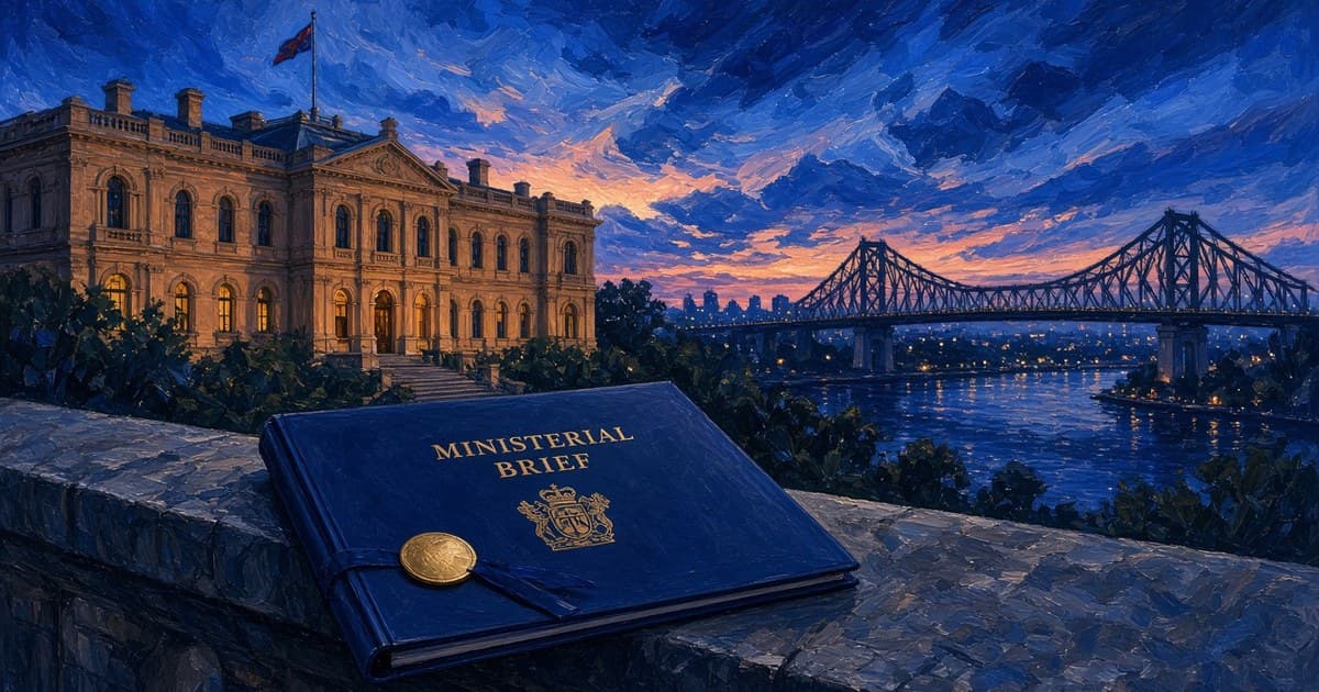 Ilustración editorial de Parliament House de Queensland y una carpeta ministerial sellada