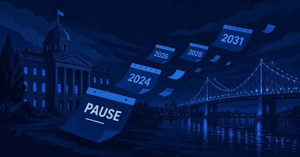 Ilustración editorial del Parlamento de Queensland de noche con hojas de calendario