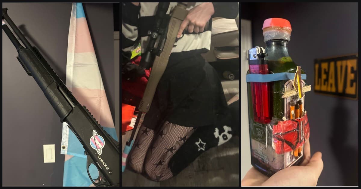 Fotos de la denuncia del FBI: una escopeta con una calcomanía de la bandera transgénero frente a una bandera del orgullo transgénero, un rifle con el cañón envuelto en los colores de la bandera trans y la bomba incendiaria que el FBI dice que se usó dentro de la escuela
