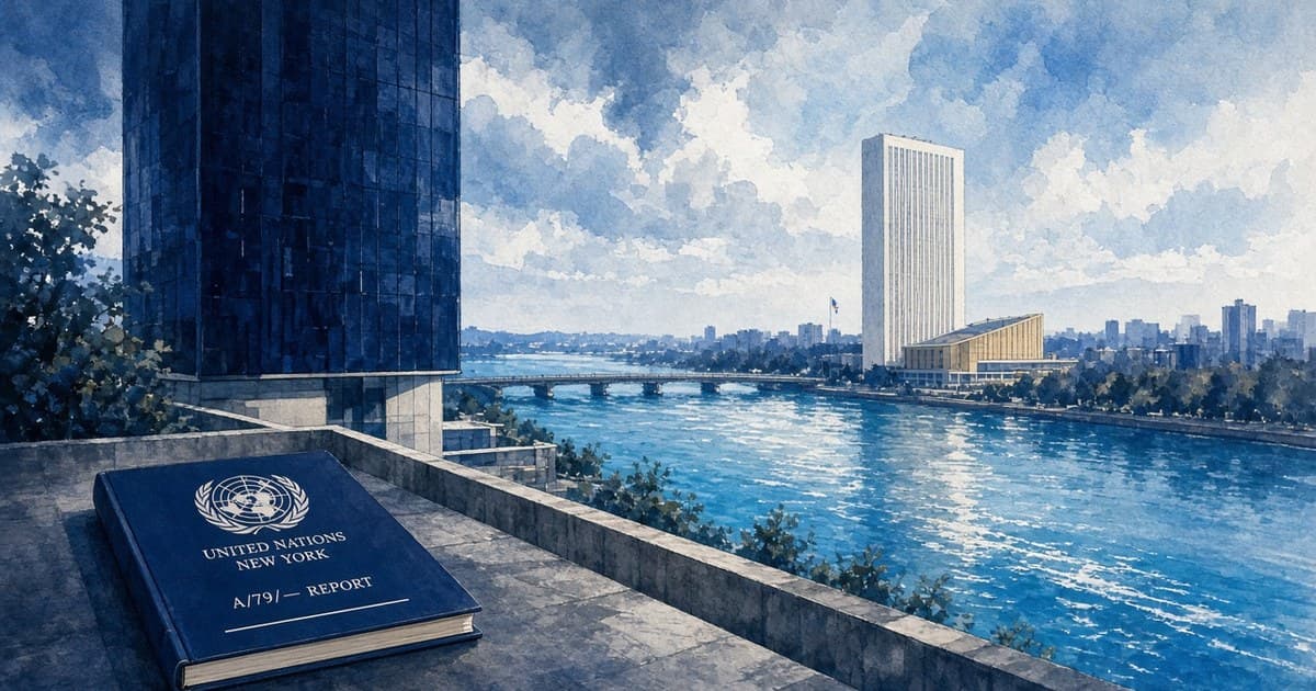Ilustración editorial de la sede de las Naciones Unidas a lo largo del río